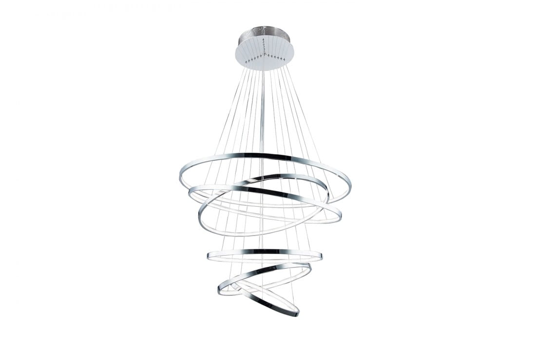 Lampa wisząca Wheel 6 Long Dimm w chromie, z sześcioma spiralnymi pierścieniami, zawieszona na cienkich linkach. Produkt wisi w centralnej pozycji, prezentując nowoczesny design i elegancki wygląd. Tło białe, co podkreśla chromowane detale.