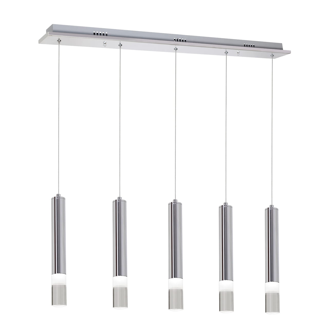 Lampa wisząca Ice LED 5-punktowa, metalowa, z pięcioma cylindrycznymi kloszami w chromowanym wykończeniu z białymi dolnymi sekcją. Ujęcie frontalne, produkt zawieszony na cienkich linkach, na prostokątnej podstawie. Tło białe.