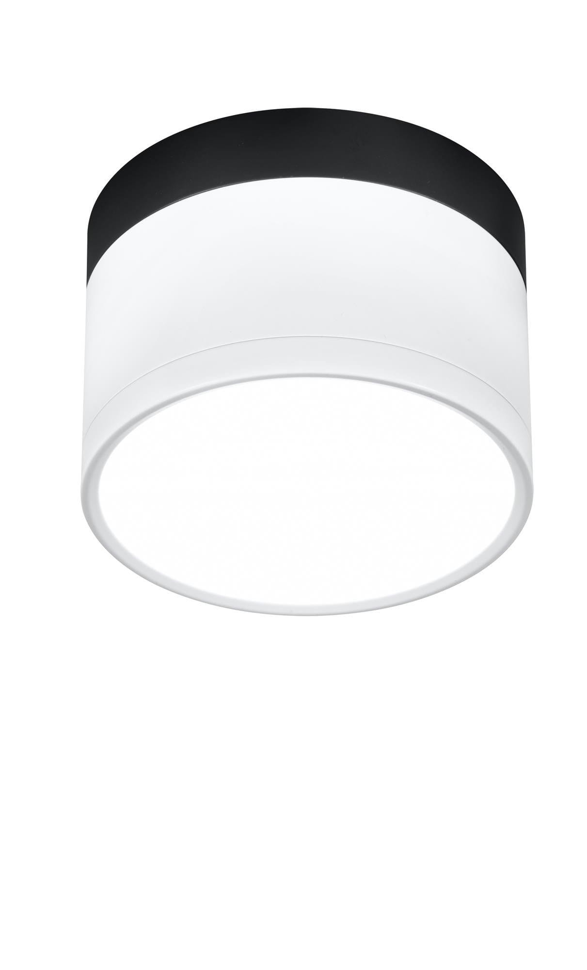 Tuba LED lampa sufitowa 1-punktowa w kolorze białym z czarnym wykończeniem, okrągła forma, montowana do sufitu, z gładką powierzchnią oraz jasnym źródłem światła, widok z dołu.