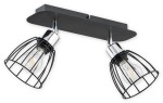 Czarna lampa sufitowa Hornet z dwoma punktami świetlnymi, z metalową osłoną w stylu industrialnym. Ujęcie z góry, ukazujące lampy w kloszach z drucianymi siatkami. Żarówki w stylu retro, zamontowane na prostokątnej podstawie.