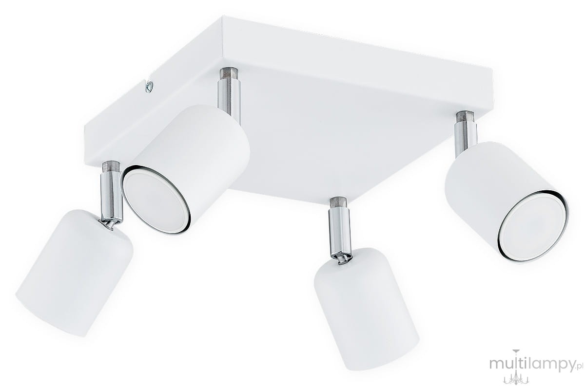 Lampa sufitowa Denis 4-punktowa w kolorze białym. Posiada cztery obracane reflektory z matowego metalu, zamontowane na kwadratowej podstawie. Widok z boku, ukazujący szczegóły mocowania i kształt lampy.
