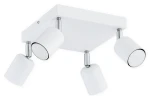 Lampa sufitowa Denis 4-punktowa w kolorze białym. Posiada cztery obracane reflektory z matowego metalu, zamontowane na kwadratowej podstawie. Widok z boku, ukazujący szczegóły mocowania i kształt lampy.