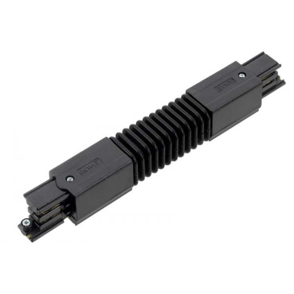 Złącze elastyczne do prowadnicy szyny w kolorze czarnym, wykonane z tworzywa sztucznego. Produkt ma prostokątny kształt z widocznymi elementami łączącymi. Ujęcie frontalne, ukazujące detale oraz fakturę. Długość złącza wynosi około 20 cm.