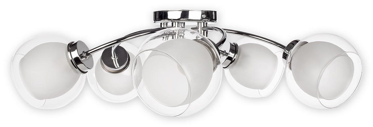 Dexy lampa sufitowa 5-punktowa O2045 P5 CH z pięcioma kloszami w kształcie półkul, wykonana z przezroczystego szkła i matowego białego szkła, z metalowymi elementami w kolorze chromu. Lampa zamontowana na suficie, z eleganckim, nowoczesnym designem.
