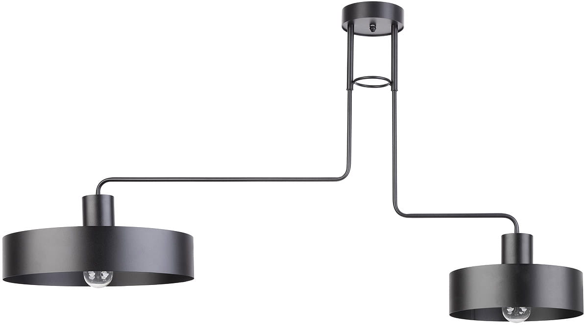 Czarna lampa sufitowa Vasco 2-punktowa z metalowymi abażurami w kształcie cylindrów. Ułożona równolegle, zawieszona na cienkim przewodzie. Widoczne oprawki na żarówki, minimalistyczny design, idealna do nowoczesnych wnętrz.