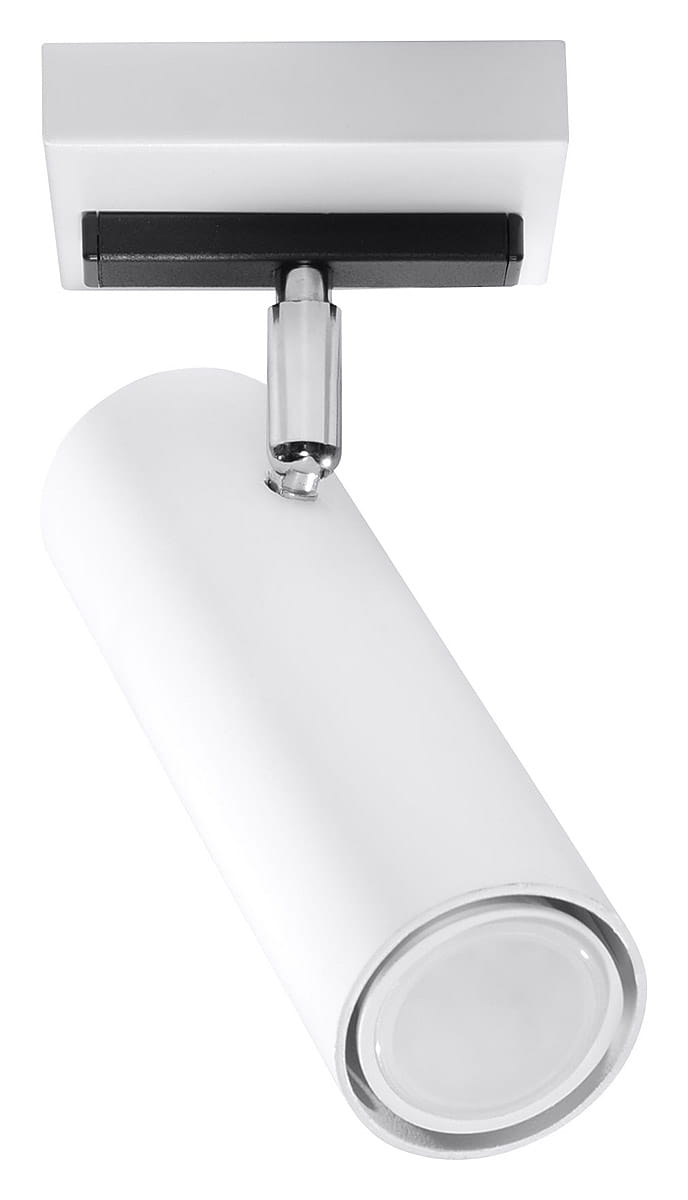Lampa sufitowa Direzione 1-punktowa w kolorze białym, z cylindrycznym kloszem i metalowym mocowaniem. Ujęcie z boku, ukazujące detale konstrukcji i wykończenia. Proste tło podkreśla minimalistyczny design produktu.