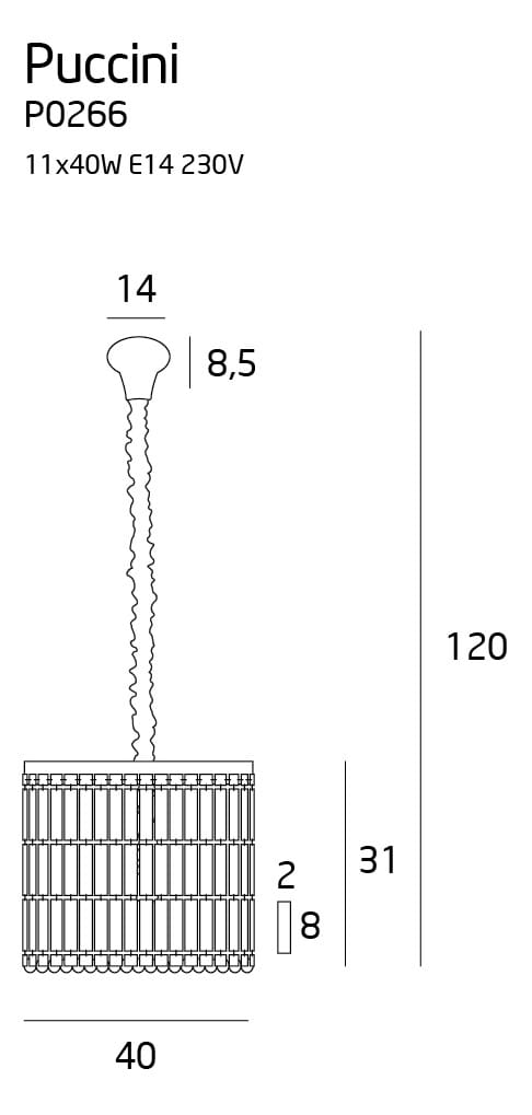 Lampa wisząca Puccini D40, 11-punktowa, z kloszem o średnicy 40 cm i wysokości 31 cm. Wykonana z materiałów w kształcie cylindrycznym, zawieszona na 120 cm łańcuchu. Wymaga 11 żarówek E14 o mocy 40W. Wymiary: 120 x 40 x 31 cm.