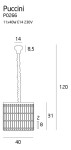 Lampa wisząca Puccini D40, 11-punktowa, z kloszem o średnicy 40 cm i wysokości 31 cm. Wykonana z materiałów w kształcie cylindrycznym, zawieszona na 120 cm łańcuchu. Wymaga 11 żarówek E14 o mocy 40W. Wymiary: 120 x 40 x 31 cm.