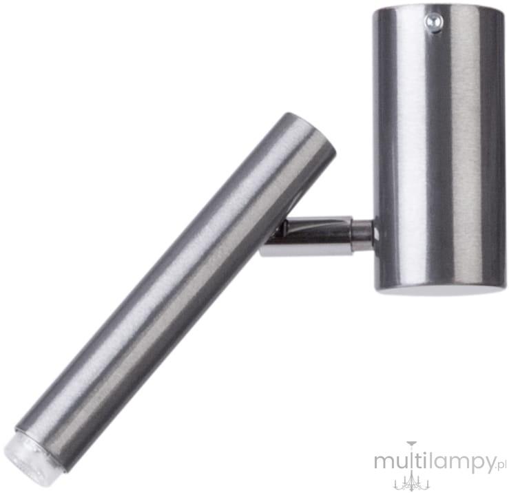 Srebrna, krótką lampa sufitowa (spot) 1-punktowa. Kształt cylindryczny z ruchomym ramieniem, w którym znajduje się źródło światła. Powierzchnia metaliczna, błyszcząca. Ujęcie z boku, pokazujące detale konstrukcji.