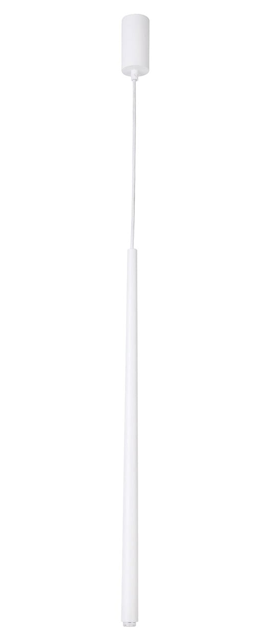 Lampa wisząca Sopel Stożek 1-punktowa w kolorze białym. Prosta, stożkowata konstrukcja z długim przewodem. Ujęcie frontalne, produkt zawieszony, bez widocznych dekoracji. Idealna do nowoczesnych wnętrz.