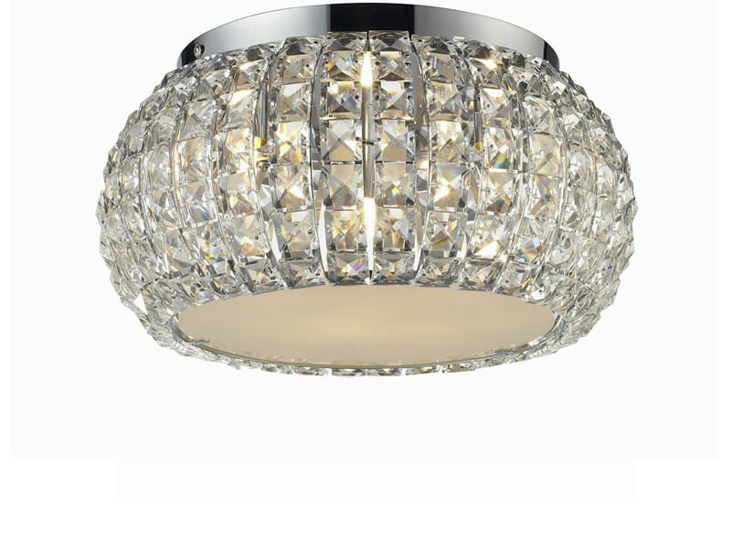 Lampa sufitowa Sophia D52, 6-punktowa, z metalowym chromowanym wykończeniem i kloszem z przezroczystych kryształów. Okrągły kształt, zamontowana na suficie, emituje jasne światło, idealna do nowoczesnych wnętrz.