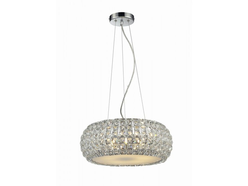 Lampa wisząca Sophia D42, 5-punktowa, z okrągłym kloszem z przezroczystego szkła w kształcie siatki, montowana na chromowanym stelażu. Zawieszona na cienkich linkach, oferuje nowoczesny design, idealna do aranżacji wnętrz.