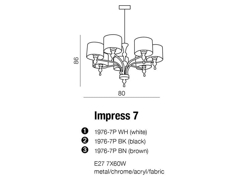 Impress żyrandol 7-punktowy w kolorze białym, o metalowej konstrukcji z abażurami z tkaniny. Wymiary: średnica 80 cm, wysokość 86 cm. Zawieszenie sufitowe, elegancki design, idealny do nowoczesnych wnętrz.