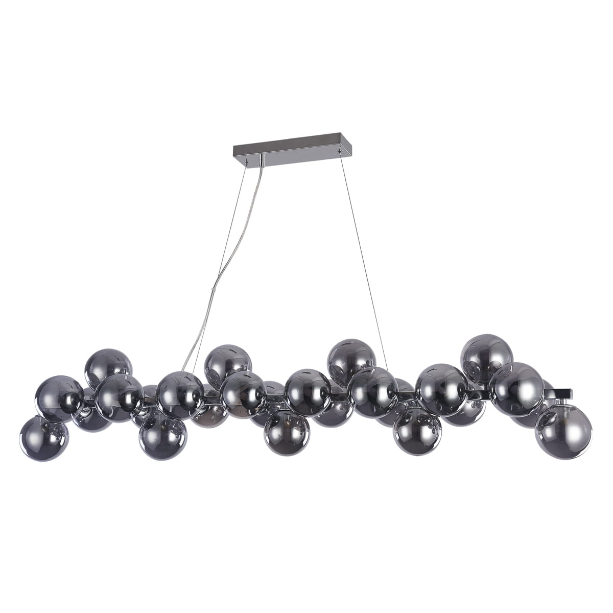 Lampa wisząca Cabella 25-punktowa z dymionymi kulami w kolorze ciemnosrebrnym, zawieszona na metalowym stelażu. Kule rozmieszczone w dynamiczny sposób, w formie rozłożonej. Tło białe, co podkreśla elegancki wygląd lampy.