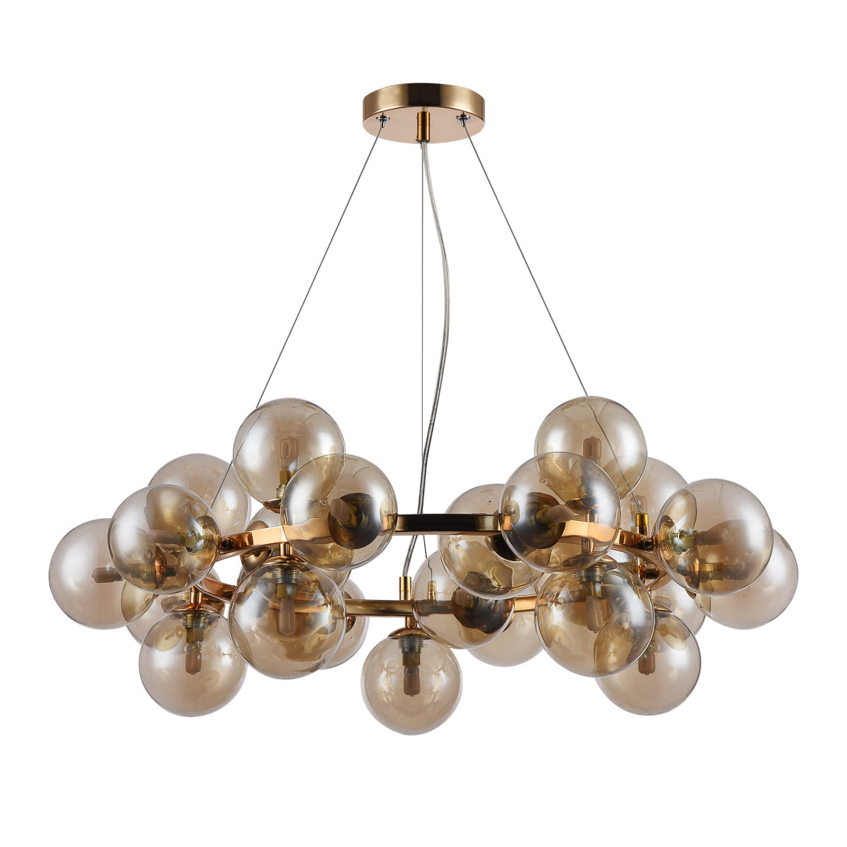 Lampa wisząca Cabella z 25 punktami świetlnymi, w koniakowym kolorze, z przezroczystymi kulistymi kloszami. Utrzymana w nowoczesnym stylu, z metalowym stelażem w kolorze złotym. Zawieszona na cienkich linkach, w położeniu wiszącym.