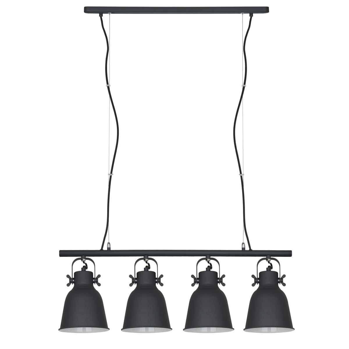 Lampa wisząca Lavare 4-punktowa MD-HN82608-4-BK+WH w kolorze czarnym z matowymi kloszami. Produkt zawieszony na prostokątnej, czarnej belce z widocznymi przewodami. Klosze mają cylindryczny kształt, a ich wnętrza są białe.