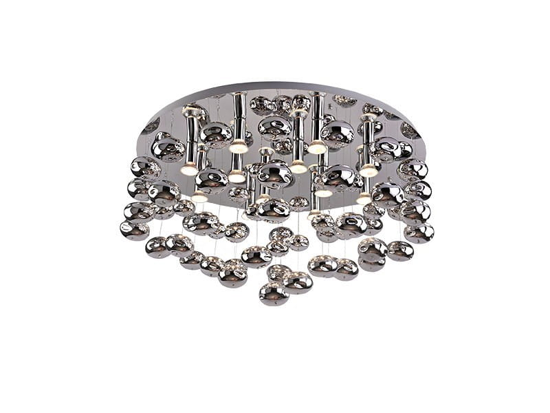 Luvia D80 lampa sufitowa 12-punktowa w kolorze chromu, z okrągłą podstawą i wiszącymi elementami w kształcie kul. Lampa ma nowoczesny design, z równomiernie rozmieszczonymi źródłami światła, co tworzy efektowne oświetlenie.