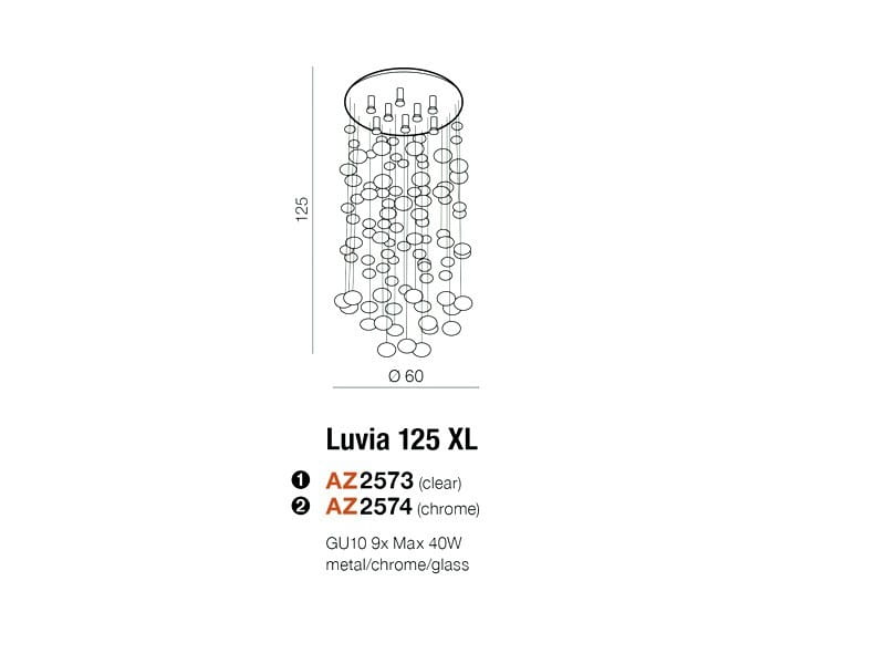 Lampa wisząca Luvia 125, 9-punktowa, w kolorze chromu, o średnicy 60 cm i wysokości 125 cm. Konstrukcja metalowa z szklanymi elementami, zawieszona na cienkich linkach. Idealna do nowoczesnych wnętrz.