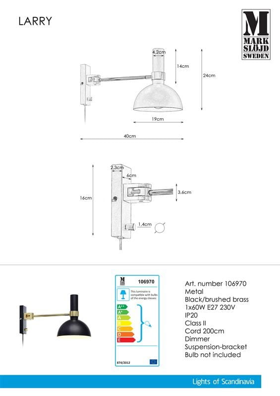 Kinkiet Larry w kolorze czarnym i złotym, wykonany z metalu. Okrągła klosz o średnicy 19 cm, zamontowany na ruchomej ramie. Długość ramienia 40 cm, wysokość 24 cm. Kabel o długości 200 cm, brak żarówki w zestawie. Idealny do wnętrz.