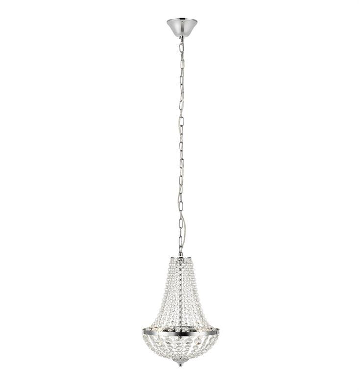 Lampa wisząca Granso 2-punktowa w kolorze chromu z kryształowym kloszem, zawieszona na łańcuchu. Posiada elegancki kształt z zaokrąglonym dnem i dekoracyjną strukturą. Wysoka klasa IP44, idealna do wnętrz.