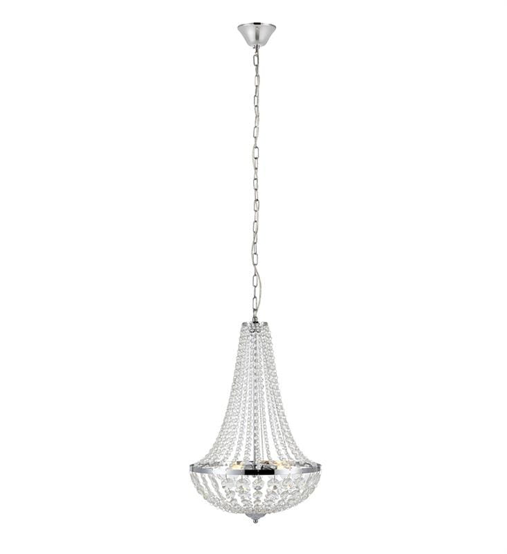 Lampa wisząca Granso 3-punktowa w kolorze chromu, z przezroczystymi kryształkami. Posiada metalową podstawę oraz łańcuch. Ujęcie z przodu, wisząca, o eleganckim kształcie. IP44, idealna do użytku w łazienkach.