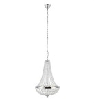 Lampa wisząca Granso 3-punktowa w kolorze chromu, z przezroczystymi kryształkami. Posiada metalową podstawę oraz łańcuch. Ujęcie z przodu, wisząca, o eleganckim kształcie. IP44, idealna do użytku w łazienkach.