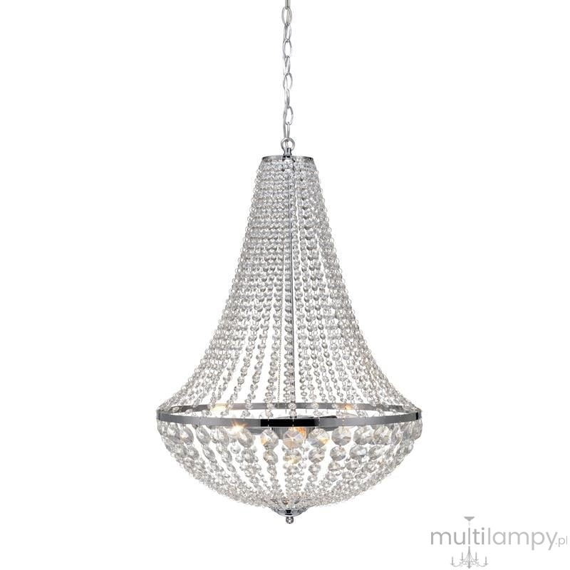 Lampa wisząca Granso 3-punktowa w kolorze chromu, z dekoracyjnymi kryształowymi elementami, w kształcie stożka. Zawieszona na łańcuchu, z widocznymi trzema źródłami światła, idealna do nowoczesnych wnętrz.