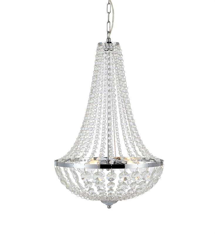 Lampa wisząca Granso 3-punktowa w chromie z kryształowymi zdobieniami. Zawieszona na łańcuchu, ma okrągłą podstawę z przezroczystymi elementami. Wymiary nieokreślone. Wodoodporność IP44 sprawia, że nadaje się do wilgotnych pomieszczeń.