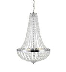 Lampa wisząca Granso 3-punktowa w chromie z kryształowymi zdobieniami. Zawieszona na łańcuchu, ma okrągłą podstawę z przezroczystymi elementami. Wymiary nieokreślone. Wodoodporność IP44 sprawia, że nadaje się do wilgotnych pomieszczeń.
