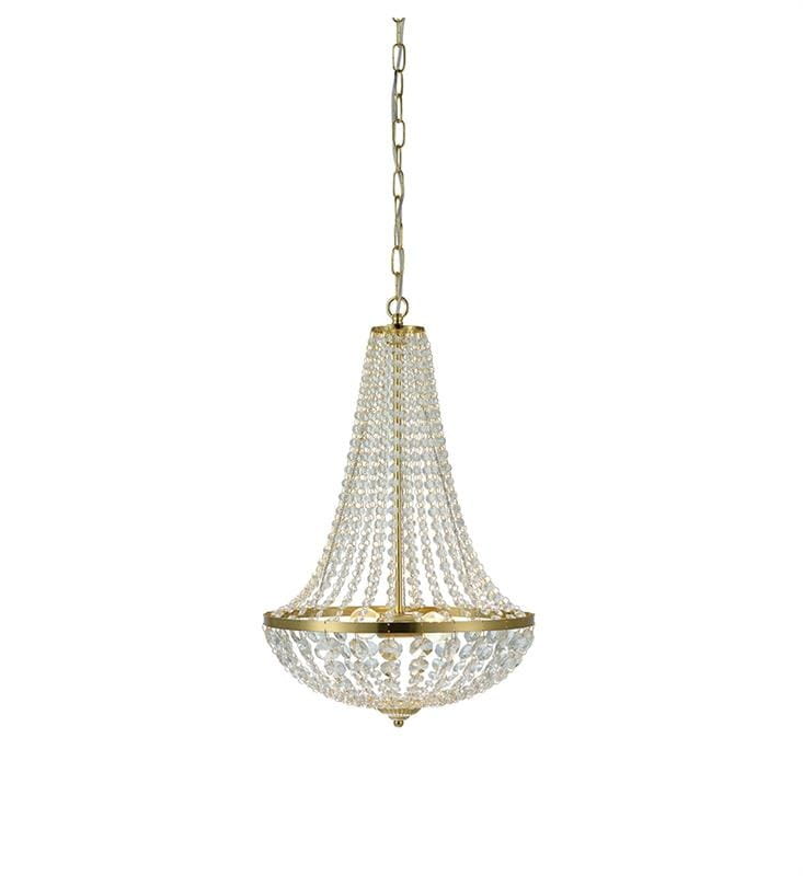 Lampa wisząca Granso 2-punktowa w kolorze złotym, o kształcie stożkowatym z kryształowymi koralikami, zawieszona na łańcuchu. Widoczna dekoracyjna podstawa oraz eleganckie wykończenie, idealna do aranżacji wnętrz.