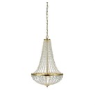 Lampa wisząca Granso 2-punktowa w kolorze złotym, o kształcie stożkowatym z kryształowymi koralikami, zawieszona na łańcuchu. Widoczna dekoracyjna podstawa oraz eleganckie wykończenie, idealna do aranżacji wnętrz.