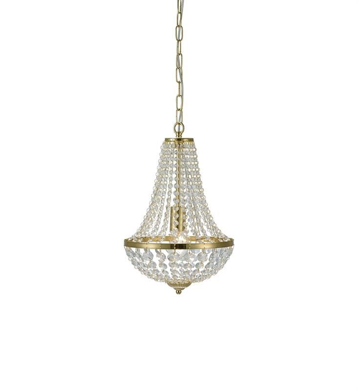 Lampa wisząca Granso 1-punktowa, złota, z przezroczystymi kryształkami. Okrągła podstawa z metalowym wykończeniem, zwisająca na łańcuchu. Zbliżenie na strukturę kryształów i elegancki kształt klosza.