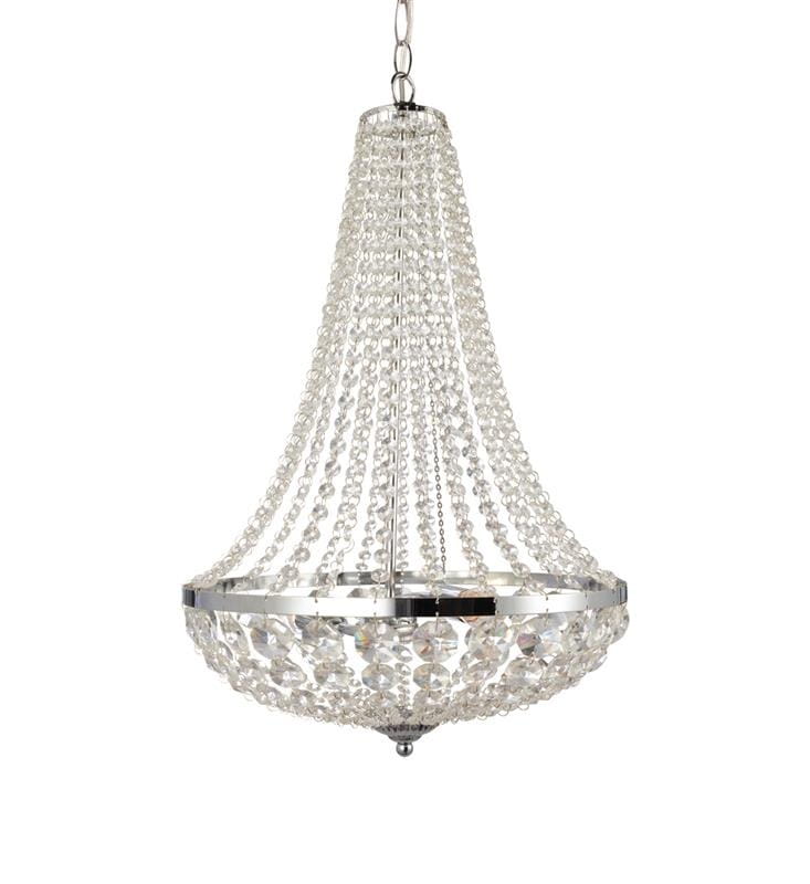 Lampa wisząca Granso 2-punktowa w kolorze chromu, z przezroczystymi kryształkami w formie zwisających łańcuchów. Okrągła podstawa z chromowanego metalu, elegancki design, zawieszona na łańcuchu. Idealna do nowoczesnych wnętrz.