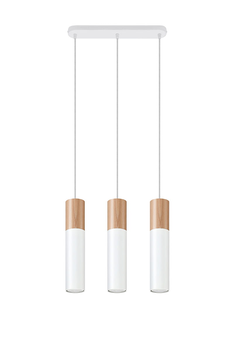 Lampa wisząca Pablo 3-punktowa w białym kolorze, z trzema cylindrycznymi kloszami z białego szkła i drewnianymi elementami u góry. Zawieszona na białych linkach z sufitu, prezentuje nowoczesny design.