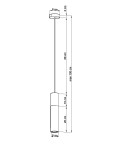 Czarna lampa wisząca Pablo 1-punktowa, z cylindrycznym kloszem o średnicy 6 cm i wysokości 20 cm, zawieszona na cienkim, regulowanym przewodzie. Średnica podsufitki wynosi 8 cm. Wysokość całkowita wynosi maksymalnie 100 cm.