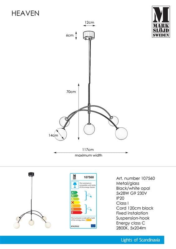 Lampa wisząca Heaven w kolorze czarnym, 5-punktowa, wykonana z metalu i szkła. Ma 117 cm szerokości i 70 cm wysokości, z okrągłym mocowaniem. Zawiera pięć opalowych kul o średnicy 14 cm, zawieszonych na czarnym przewodzie o długości 120 cm.