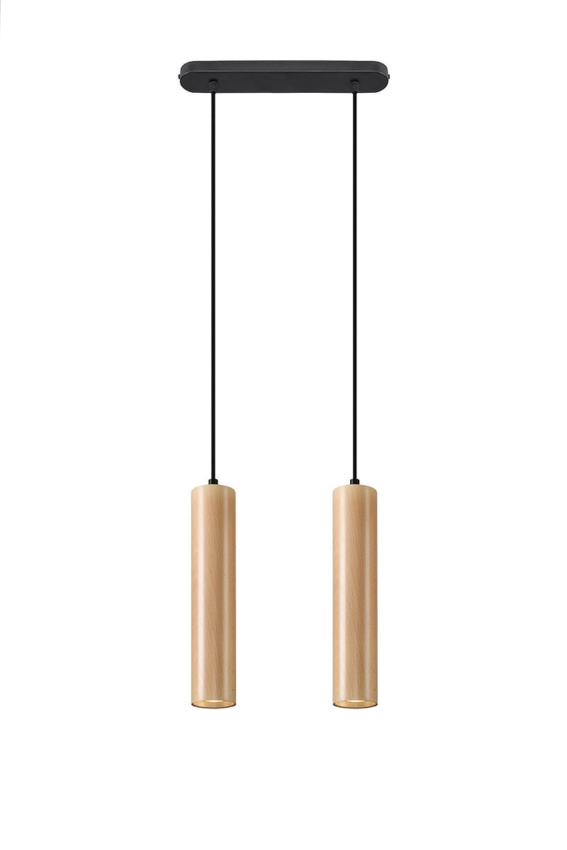 Lino lampa wisząca 2-punktowa SL.0637 z dwoma cylindrycznymi kloszami w kolorze naturalnego drewna, zawieszona na czarnych linkach. Górna część w formie prostokątnej podstawy w kolorze czarnym. Produkt w pozycji zwisającej.