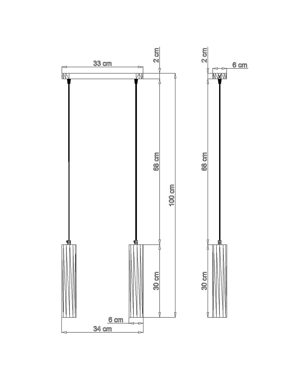 Lino lampa wisząca 2-punktowa SL.0637 z prostokątnym sufitem o wymiarach 33x2 cm, z dwiema cylindrycznymi kloszami o wymiarach 6x30 cm. Lampa zawieszona na czarnych przewodach, w kolorze przezroczystym, z teksturowaną powierzchnią.