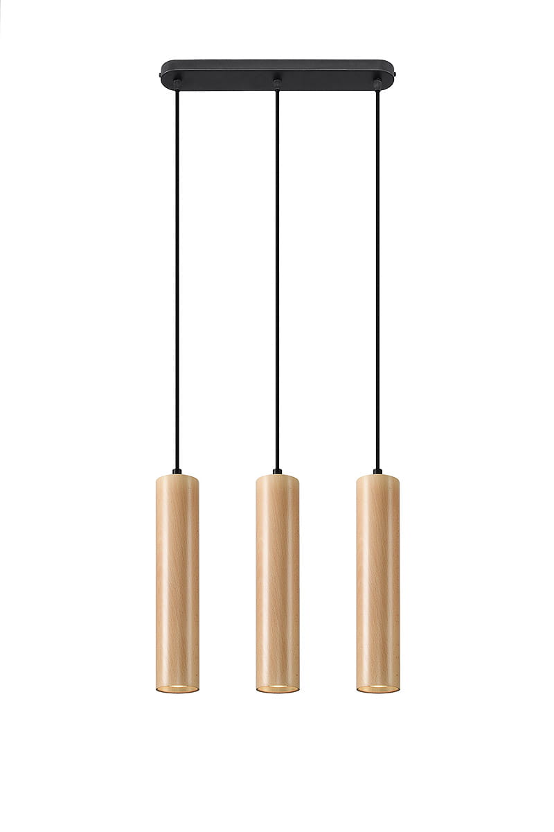 Lampa wisząca Lino 3-punktowa SL.0638 z trzema cylindrycznymi kloszami w naturalnym kolorze drewna, zawieszona na czarnych linkach. Ujęcie frontalne, produkt zamontowany na prostokątnej podstawie. Idealna do nowoczesnych wnętrz.