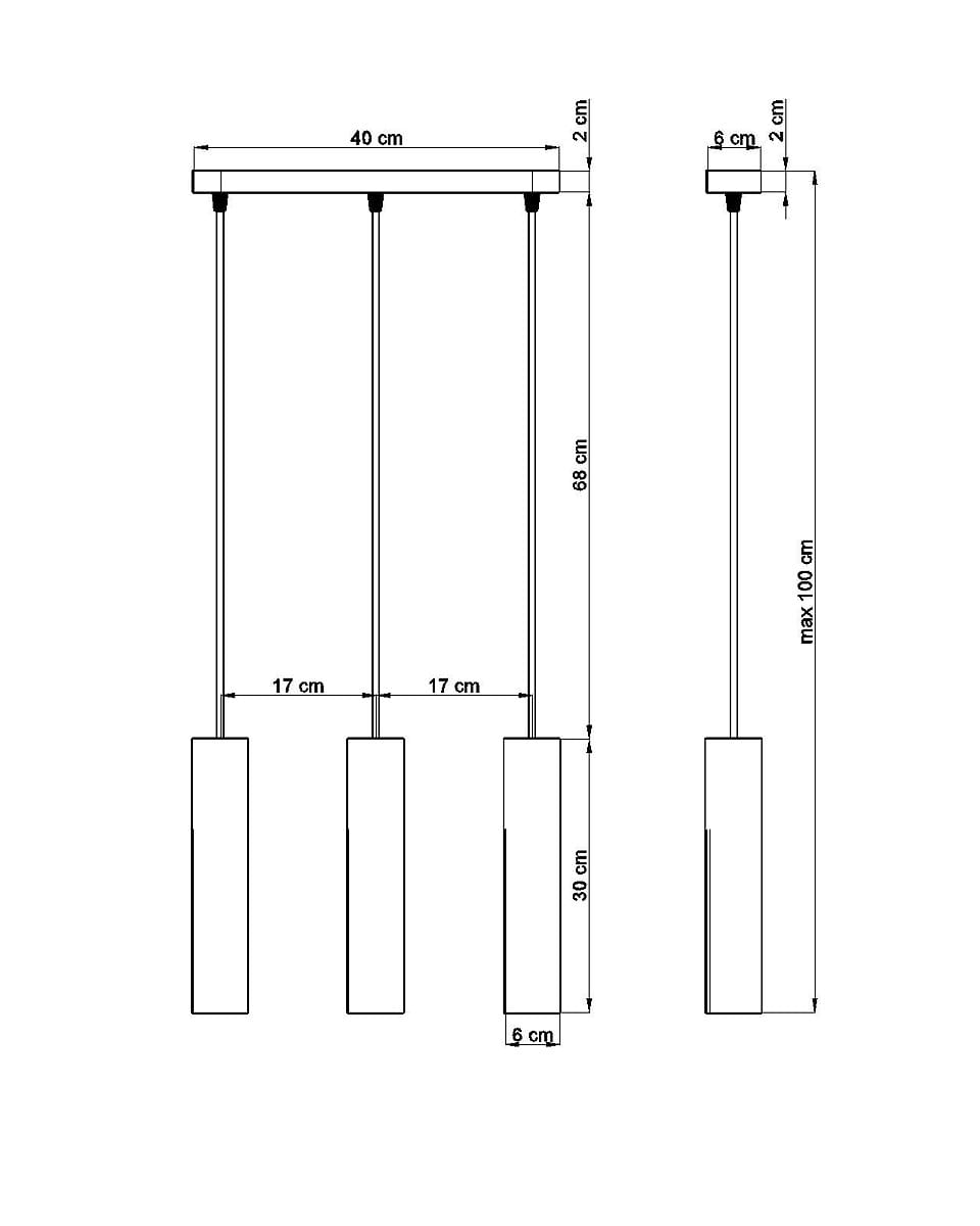 Lampa wisząca 3-punktowa Lino SL.0638, o prostokątnym, białym kloszu, zawieszona na trzech cienkich linkach. Wymiary: 40 cm szerokości, 68 cm długości, z możliwością regulacji do 100 cm. Klosze o wymiarach 6x39 cm rozmieszczone równomiernie.