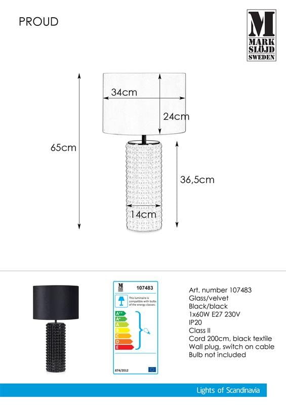 Czarna lampa stołowa Proud z materiałowym kloszem, wysokość 65 cm, średnica klosza 34 cm, podstawa o fakturze szkła, wysokość 36,5 cm, średnica 14 cm. Zasilana przez kabel 200 cm z włącznikiem. Żarówka nie jest dołączona.