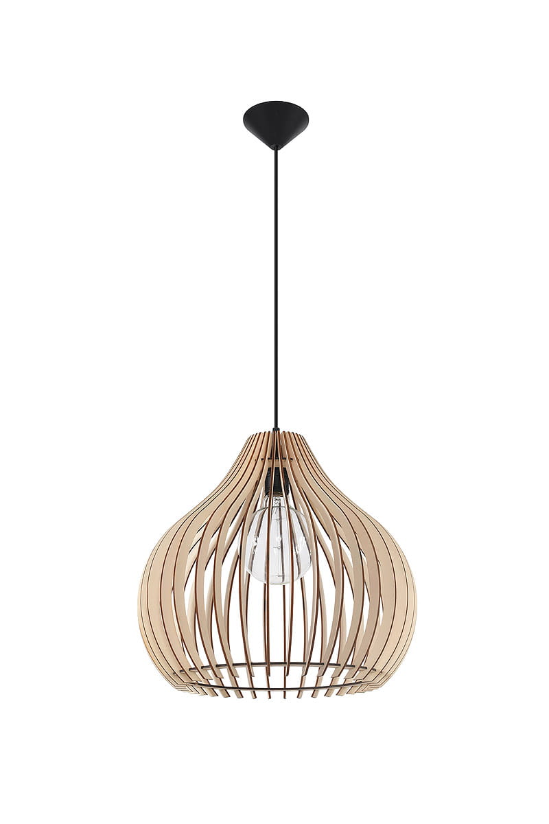 Lampa wisząca Aprilla 1-punktowa SL.0639 o organicznym kształcie, z drewnianych listew w kolorze jasnego beżu, zawieszona na czarnym przewodzie. Widoczna żarówka w przezroczystym kloszu. Ujęcie frontalne, produkt wiszący.