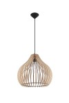 Lampa wisząca Aprilla 1-punktowa SL.0639 o organicznym kształcie, z drewnianych listew w kolorze jasnego beżu, zawieszona na czarnym przewodzie. Widoczna żarówka w przezroczystym kloszu. Ujęcie frontalne, produkt wiszący.