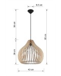Lampa wisząca Aprilla SL.0639 o kształcie przypominającym kulę, wykonana z drewna w kolorze naturalnym. Wymiary: wysokość 39 cm, średnica 43 cm. Zawieszona na czarnym przewodzie, z minimalistycznym stropem o średnicy 6,5 cm.