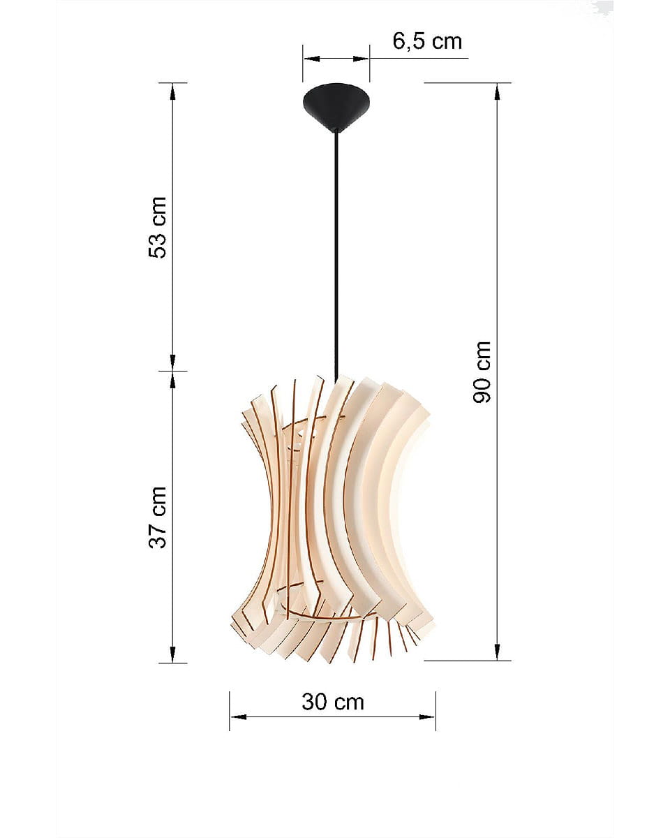 Lampa wisząca Oriana 1-punktowa w kształcie falistym, wykonana z jasnego materiału, z czarnym zawieszeniem o wysokości 90 cm i średnicy 30 cm. Wymiary: 53 cm (długość od sufitu) oraz 6,5 cm (średnica mocowania).