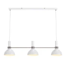 Lampa wisząca Larry 3-punktowa, biała. Składa się z trzech okrągłych kloszy w matowym białym kolorze, zawieszonych na metalowej ramie w odcieniu srebrnym. Ujęcie frontalne, wisząca konstrukcja z regulowanymi przewodami.
