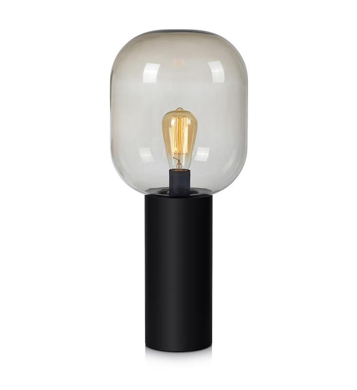Lampa stołowa Brooklyn 1-punktowa z przydymionym kloszem. Okrągły, szklany klosz na czarnej, cylindrycznej podstawie. Widoczna żarówka o ciepłej barwie światła. Prosty, nowoczesny design.