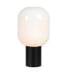 Lampa stołowa Brooklyn 1-punktowa, z białym, zaokrąglonym kloszem i czarną podstawą. Klosz ma gładką, matową powierzchnię, a całość ma nowoczesny design. Produkt widoczny z przodu, stojący na płaskiej powierzchni.