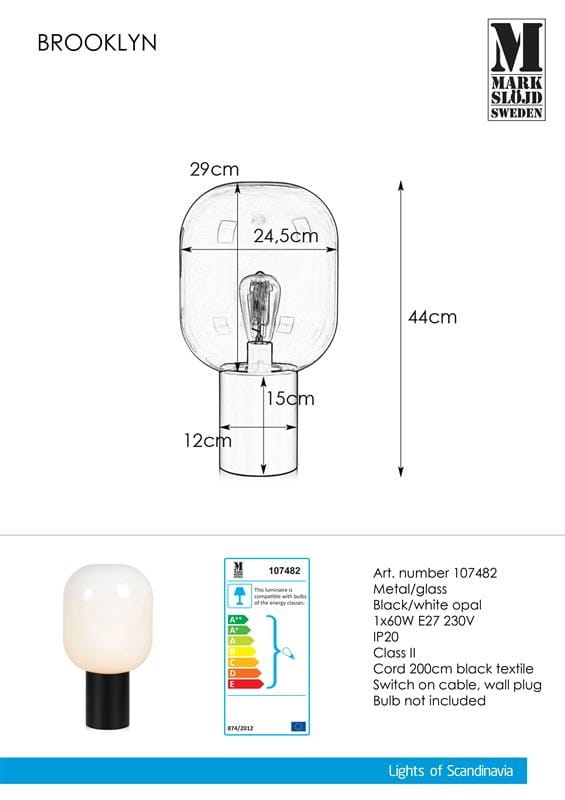 Lampa stołowa Brooklyn, 1-punktowa, w białym kolorze, z metalową podstawą i szklanym kloszem. Wymiary: wysokość 44 cm, średnica 29 cm. Uchwyt E27, kabel 200 cm z włącznikiem. Design minimalistyczny, idealna do nowoczesnych wnętrz.