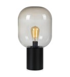Lampa stołowa Brooklyn 1-punktowa z przydymionym kloszem, cylindryczna baza w kolorze czarnym, widoczna żarówka w stylu retro. Ujęcie frontalne, produkt stoi na płaskiej powierzchni.